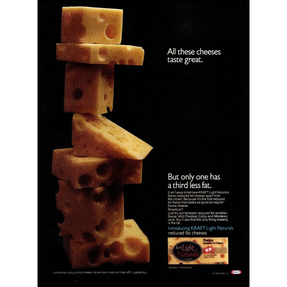 1986 Kraft Light Naturals Swiss Cheese Vintage Print Ad Wedge Cubes Wall Art